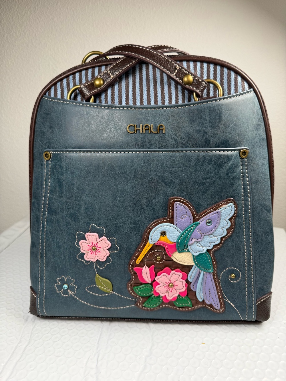 Chala Hummingbird Convertible Backpack Purse Blue Floral Crossbody Vegan Leather